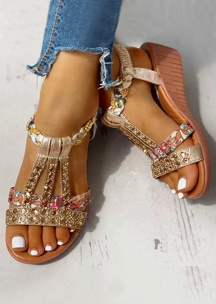 Bohemian Rhinestone Hollow Out Sandals - Gold