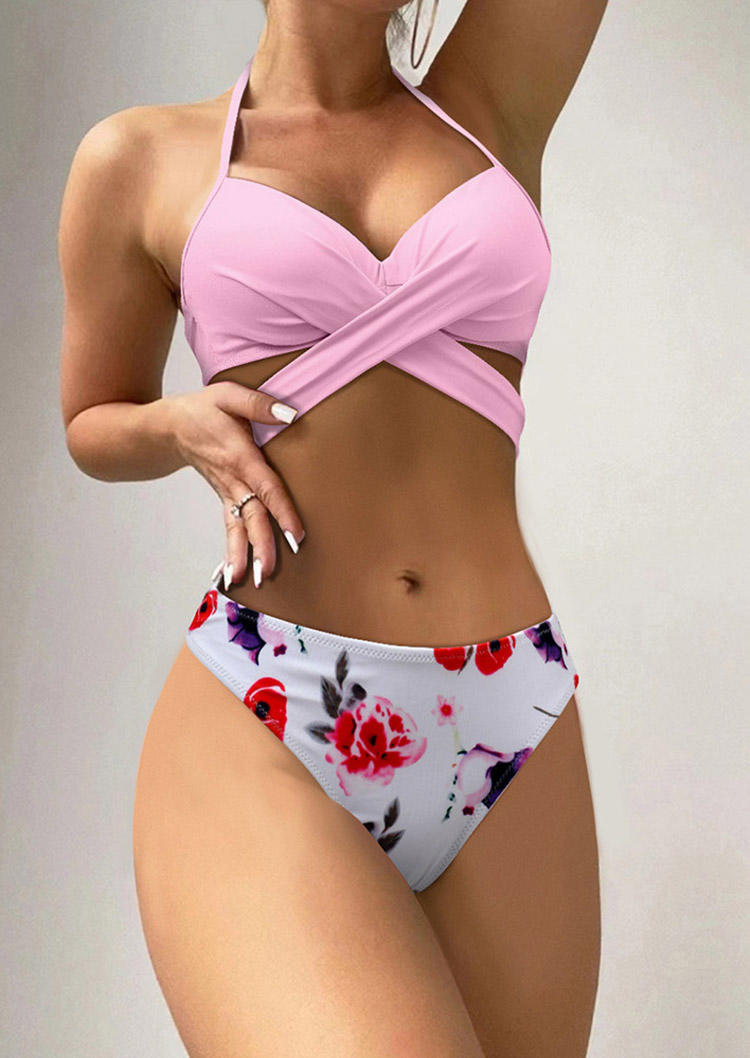 

Bikini Sets Floral Criss-Cross Tie Halter Bikini Set in Pink. Size: L,,XL