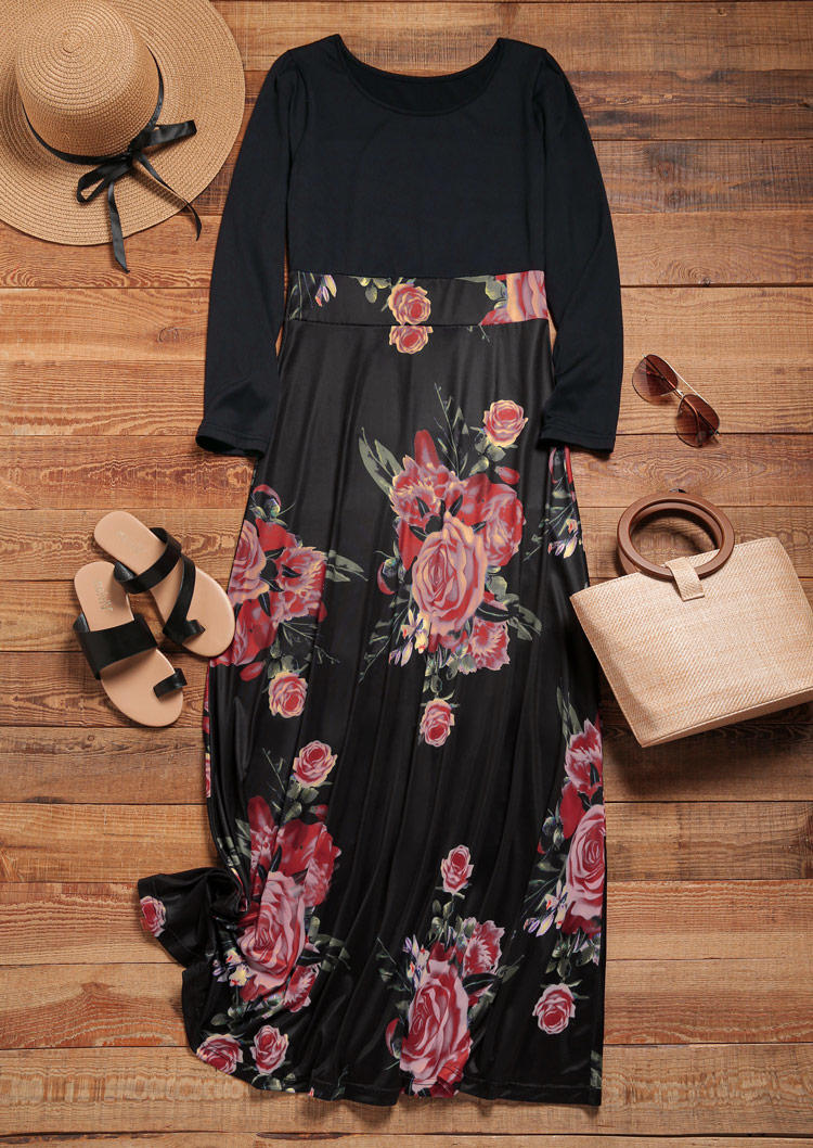 

Maxi Dresses Floral Long Sleeve O-Neck Maxi Dress in Multicolor. Size