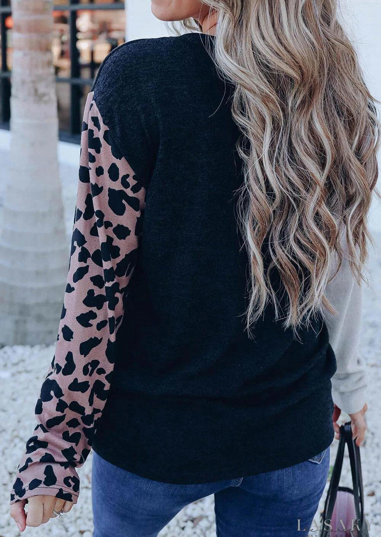 Color Block Leopard Long Sleeve Blouse