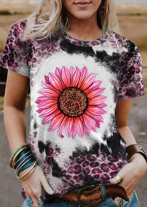 Leopard Sunflower Bleached O-Neck T-Shirt Tee