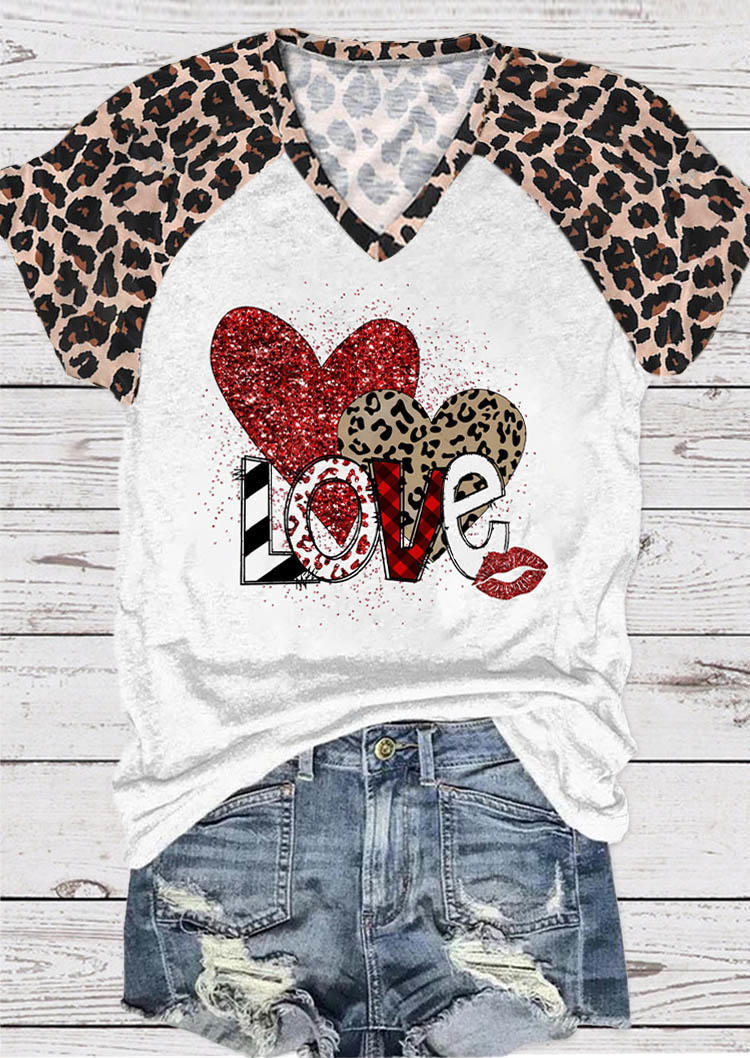 T-shirts Tees Valentine Love Glitter Heart Plaid Striped Leopard T-Shirt Tee in White. Size: L,M,S,XL