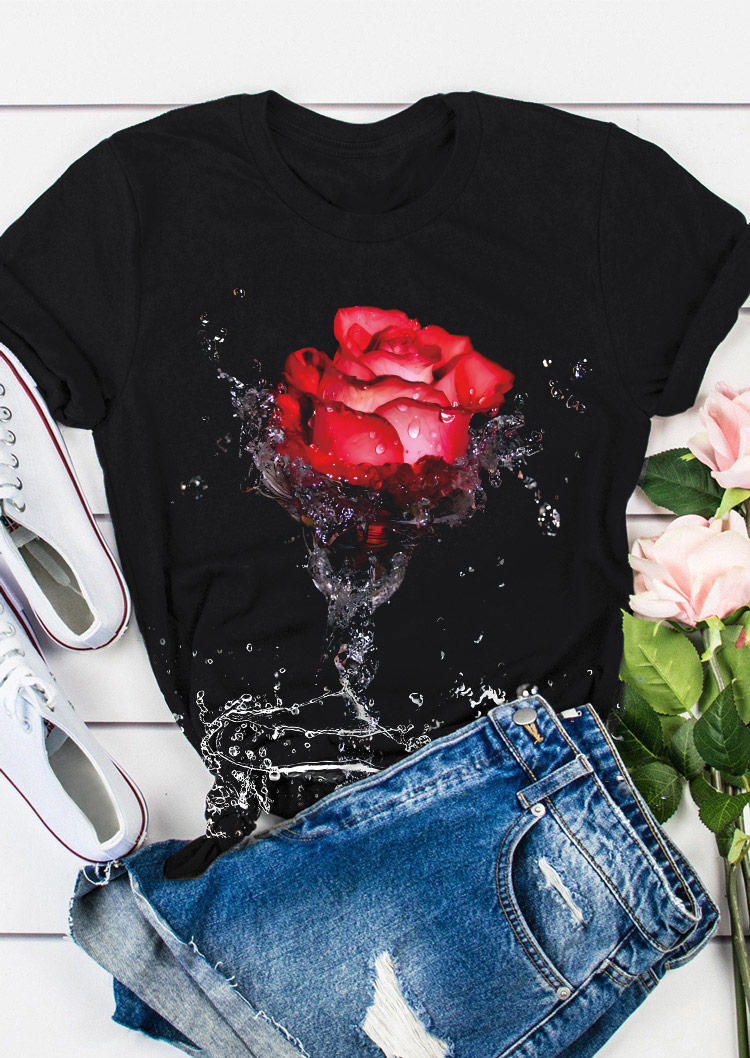 Valentine Rose O-Neck T-Shirt Tee - Black