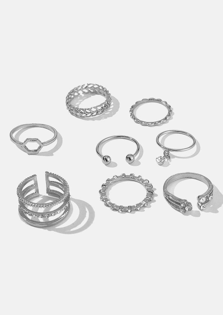 

Rings 8Pcs Rhinestone Hollow Out Alloy Ring Set in Silver. Size