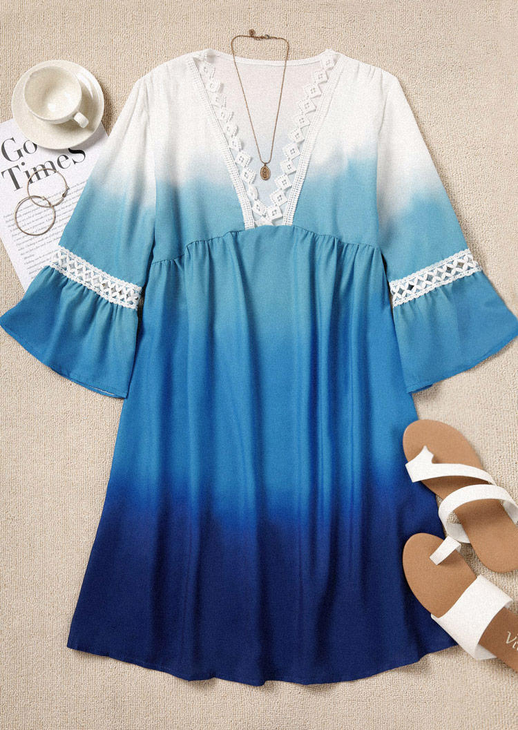 Mini Dresses Gradient Lace Splicing V-Neck Mini Dress in Multicolor. Size: L,M,S