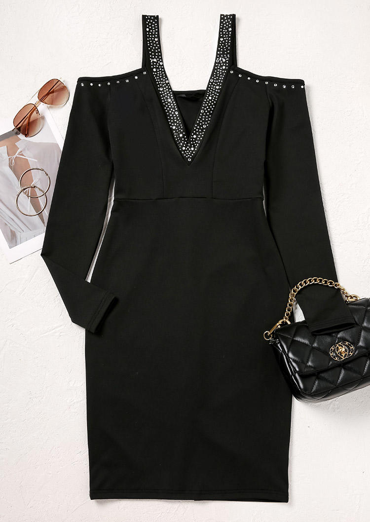 Rhinestone Cold Shoulder Bodycon Dress - Black