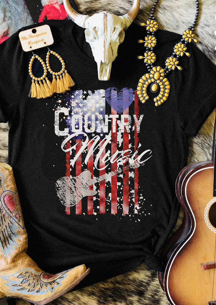 

T-shirts Tees Country Music American Flag Guitar T-Shirt Tee in Black. Size