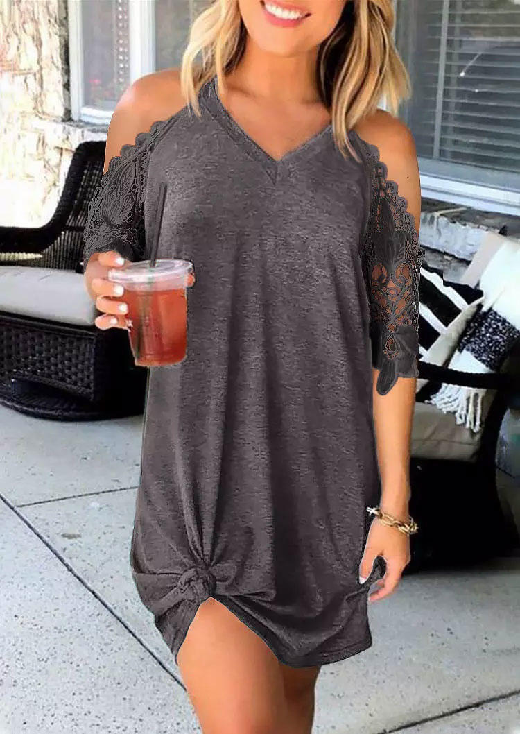 Lace Splicing Cold Shoulder Mini Dress - Gray