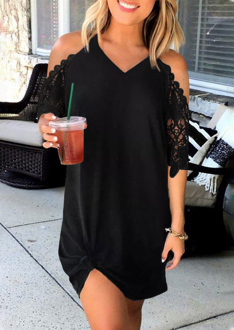 Lace Splicing Cold Shoulder Mini Dress - Black
