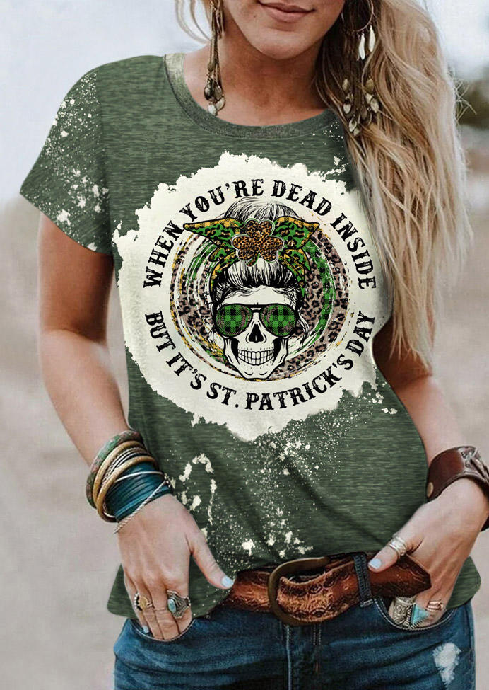 St. Patrick's Day Leopard Plaid Skull Bleached T-Shirt Tee - Green