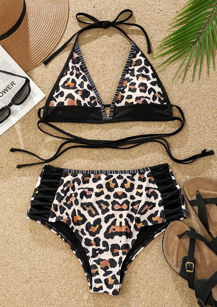Bikini Sets Leopard Halter Tie Open Back Bikini Set in Multicolor. Size: L,M,S,XL