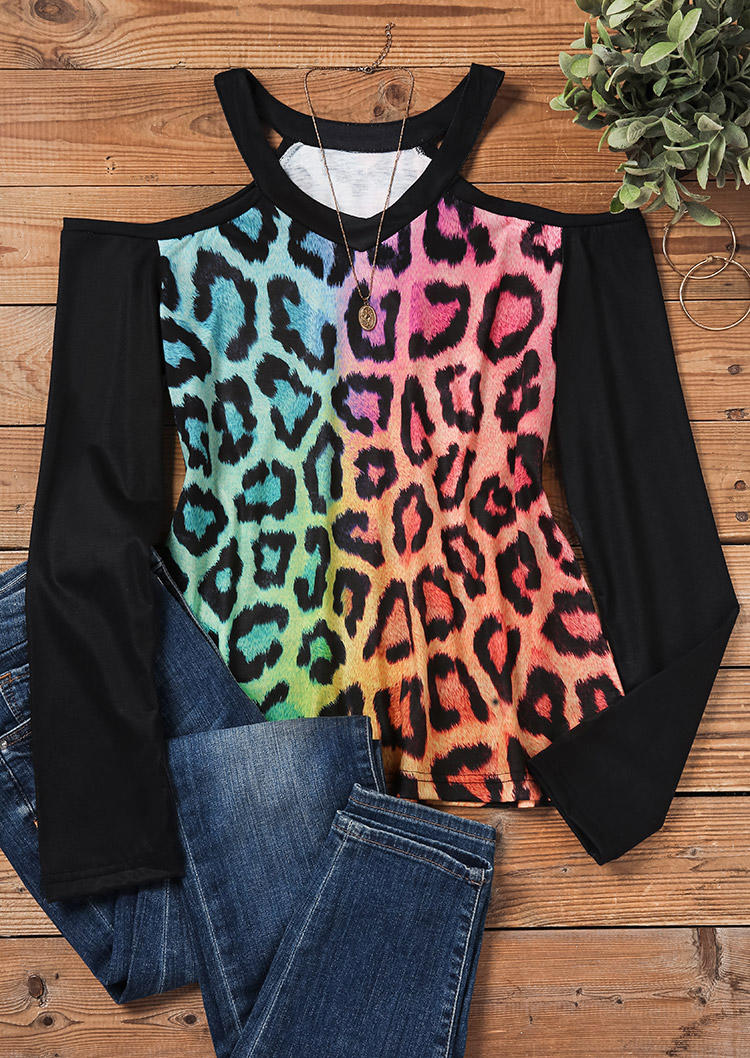 

Blouses Colorful Leopard Cold Shoulder Blouse in Multicolor. Size