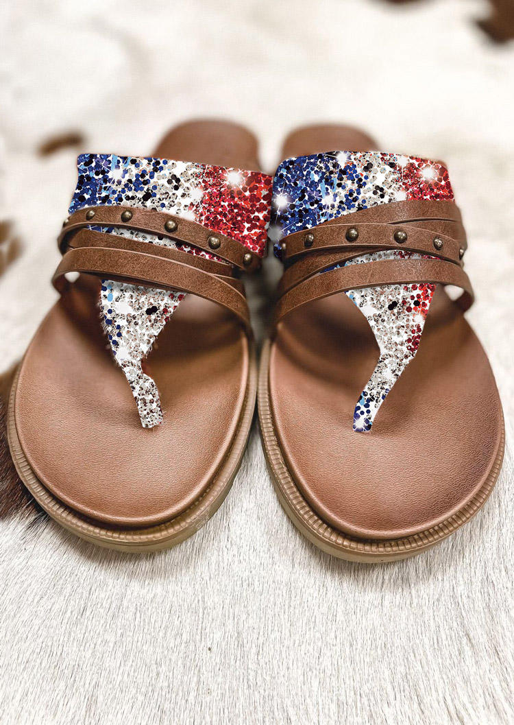 Slippers American Flag Rivets Flip Flops Slippers in Multicolor. Size: 37,38,39,40,41