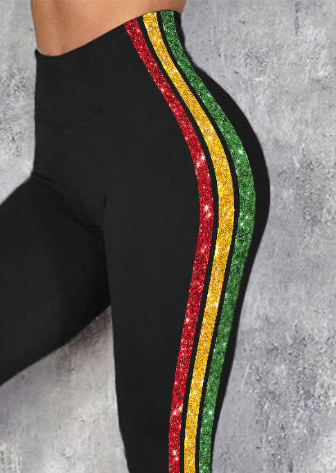 Leggings Colorful Striped Glitter High Waist Skinny Leggings in Black. Size: L,M,S,XL