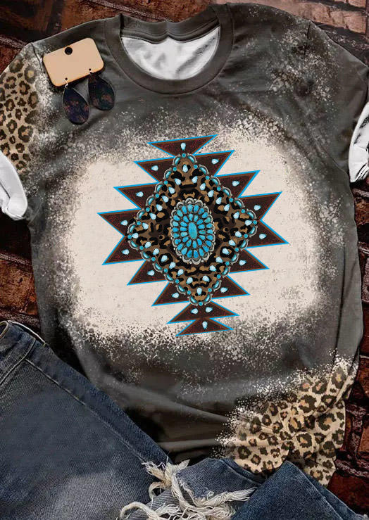 Aztec Geometric Leopard Turquoise T-Shirt Tee - Dark Grey