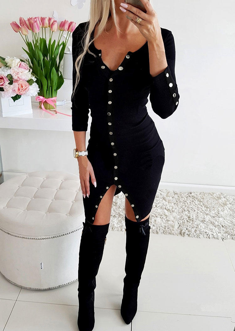 Bodycon Dresses Snap Button Long Sleeve Bodycon Dress in Black. Size: M,S