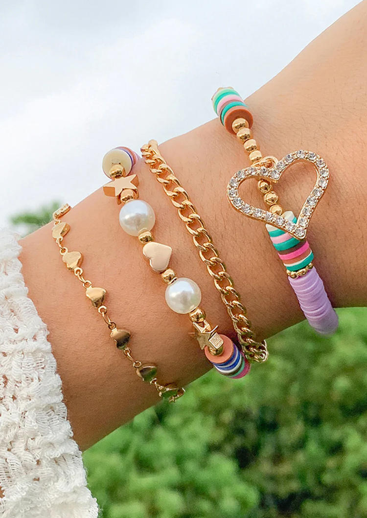 

Bracelet 4Pcs Rhinestone Heart Star Ceramic Bracelet Set in Multicolor. Size