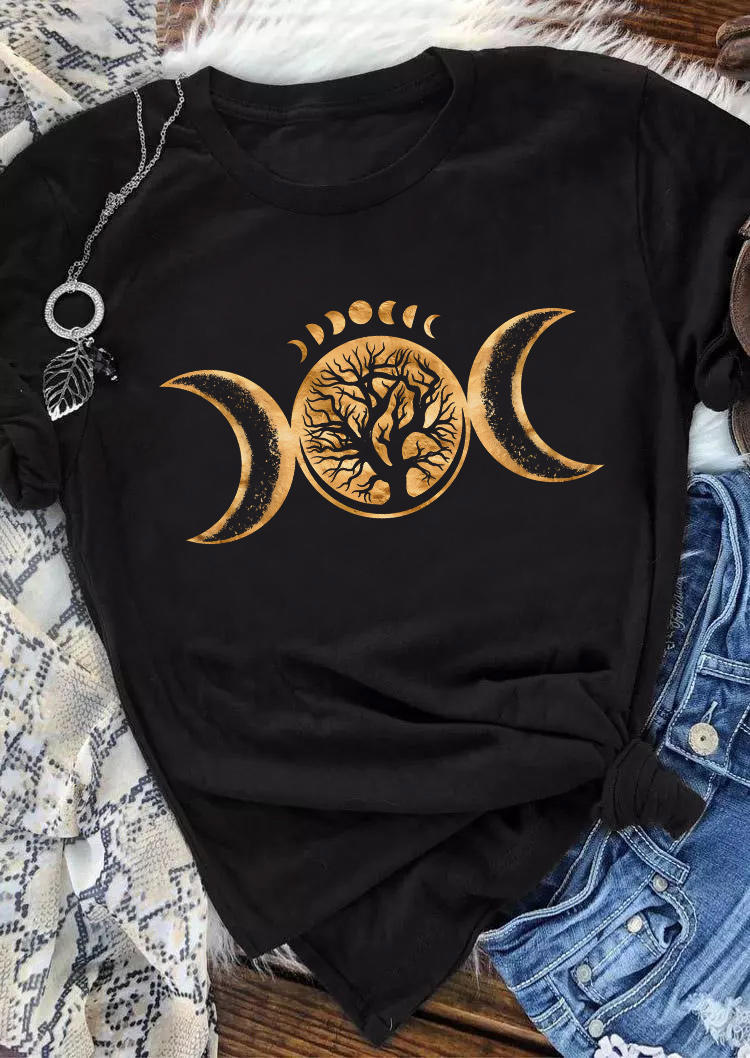 

T-shirts Tees Sun Moon Tree Of Life O-Neck T-Shirt Tee - Black in Black. Size