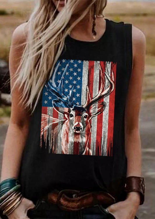 Tank Tops Reindeer American Flag O-Neck Tank Top in Black. Size: L,M,S,XL