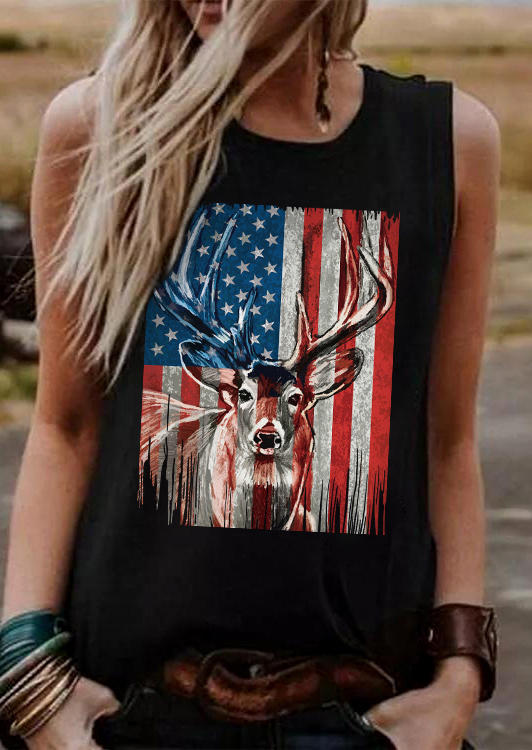 

Tank Tops Reindeer American Flag O-Neck Tank Top in Black. Size: L