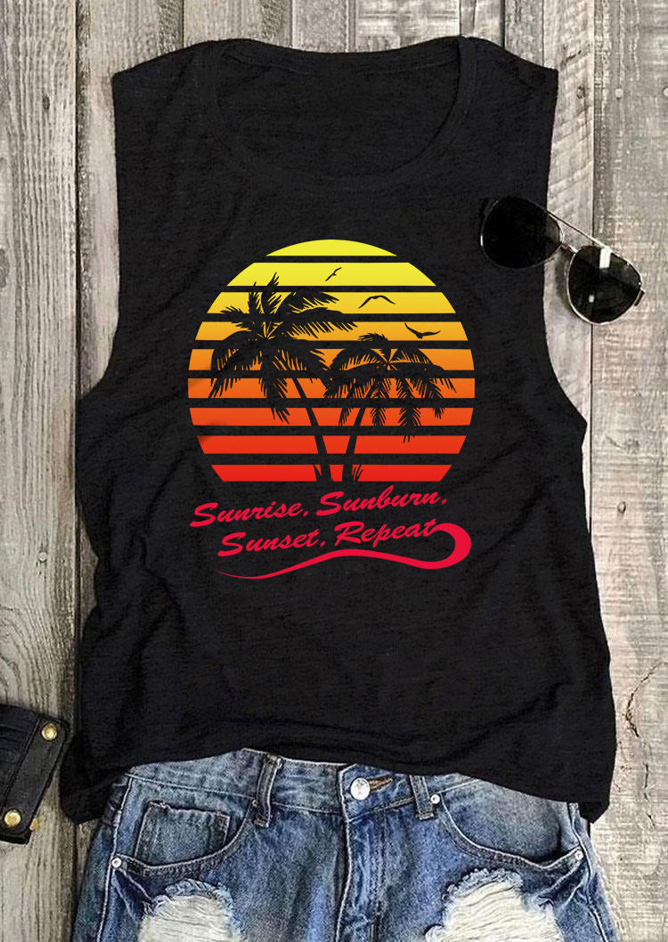 

Tank Tops Sunrise Sunburn Sunset Repeat Coconut Tree Tank Top in Black. Size