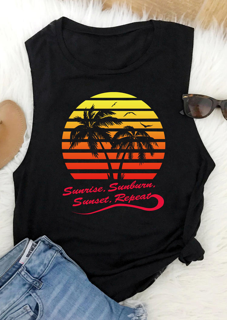 Sunrise Sunburn Sunset Repeat Coconut Tree Tank - Black