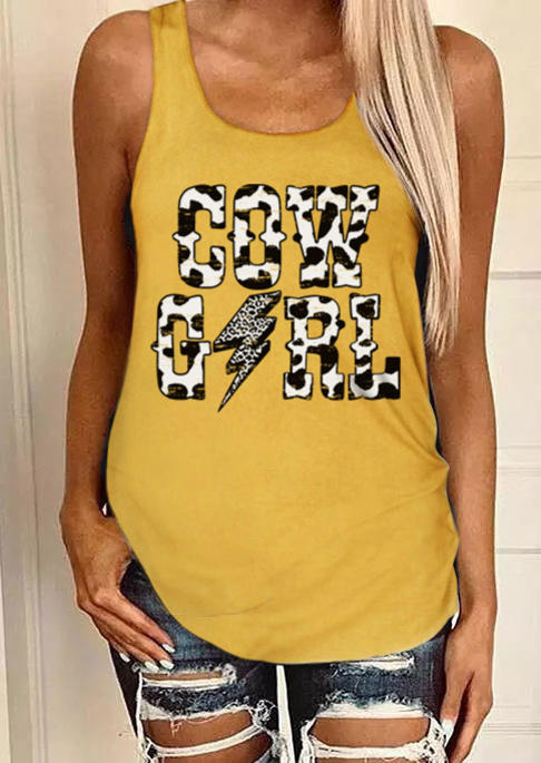 Cow Girl Leopard O-Neck Racerback Tank - Yellow