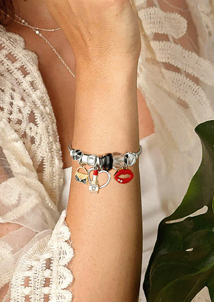 

Bracelet Valentine Lipstick Bag Lips Heart Rhinestone Adjustable Bracelet in Black,Red. Size