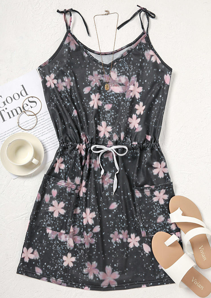 Mini Dresses Cherry Blossoms Drawstring Pocket Mini Dress in Multicolor. Size: L,M,S,XL