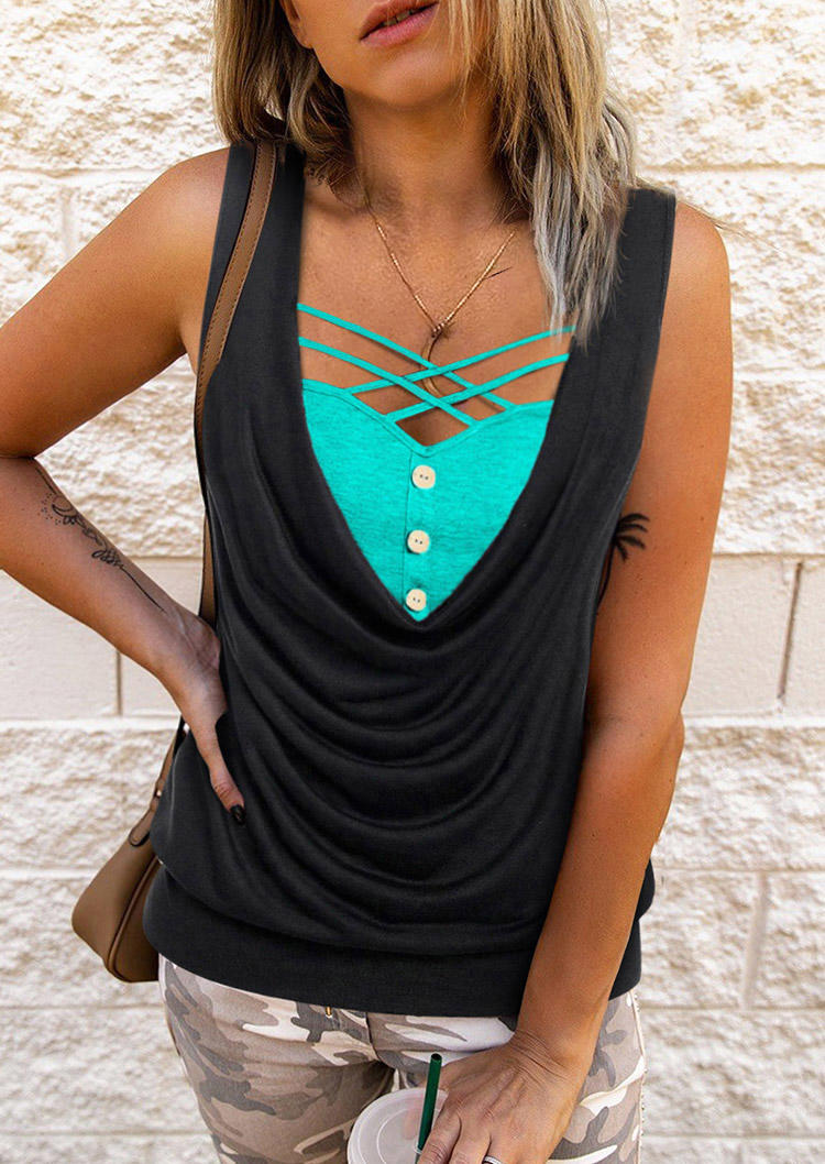 Criss-Cross Hollow Out Button Fake Two-Piece Tank - Black