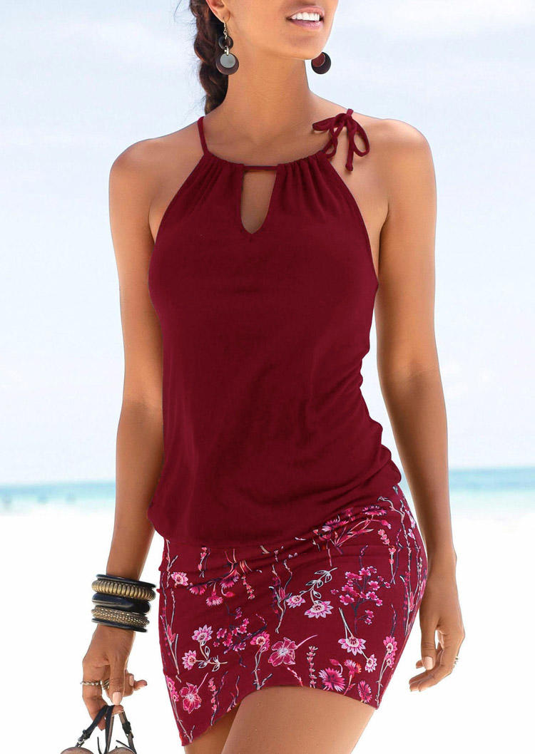Floral Hollow Out Tie Bodycon Dress - Burgundy