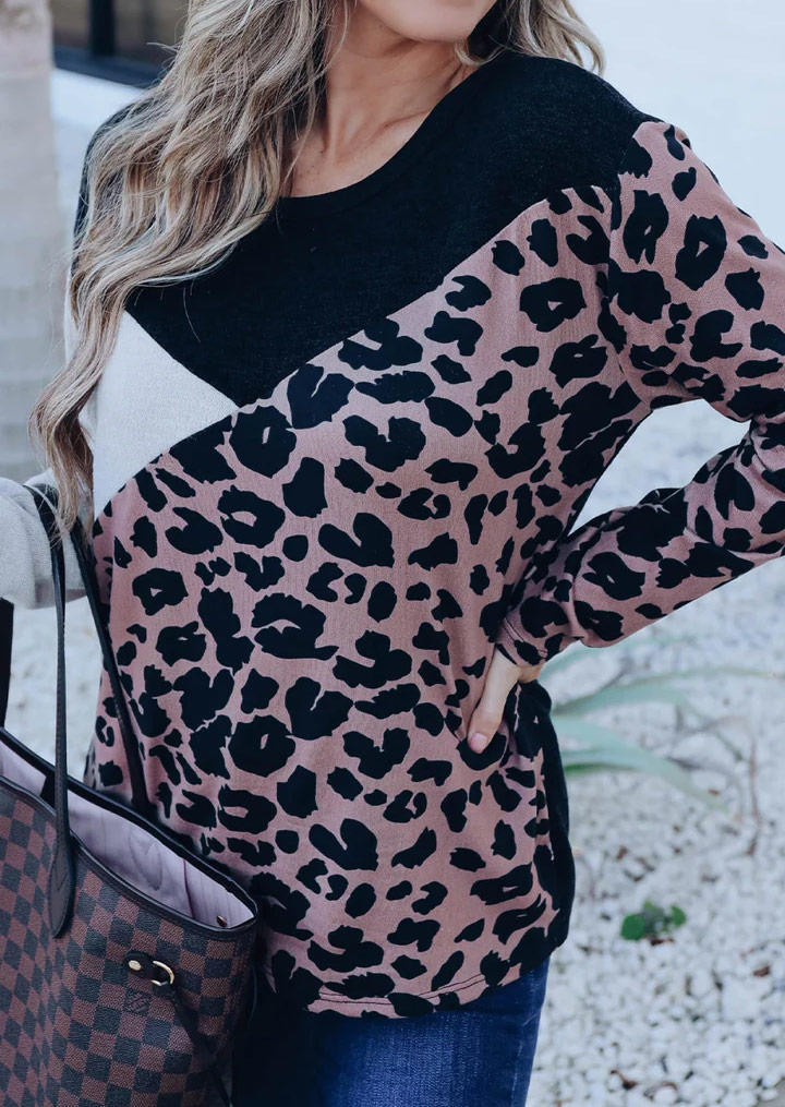 

Blouses Color Block Leopard Long Sleeve Blouse in Multicolor. Size
