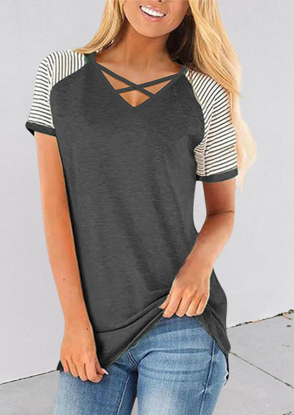 

Blouses Striped Criss-Cross Hollow Out Blouse in Gray. Size