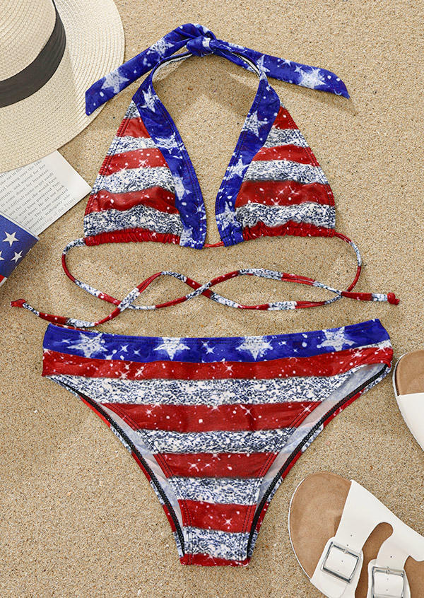 Bikini Sets American Flag Glitter Halter Tie Bikini Set in Multicolor. Size: L,M,S,XL