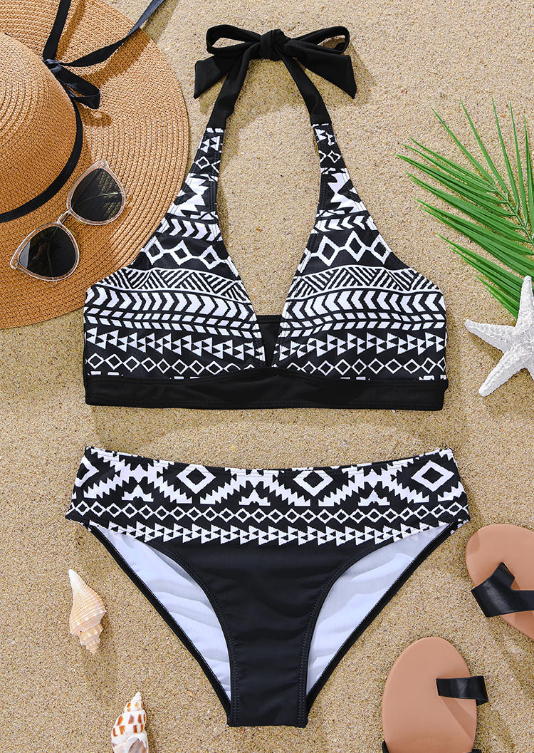 

Bikini Sets Aztec Geometric Halter Tie Bikini Set in Black. Size