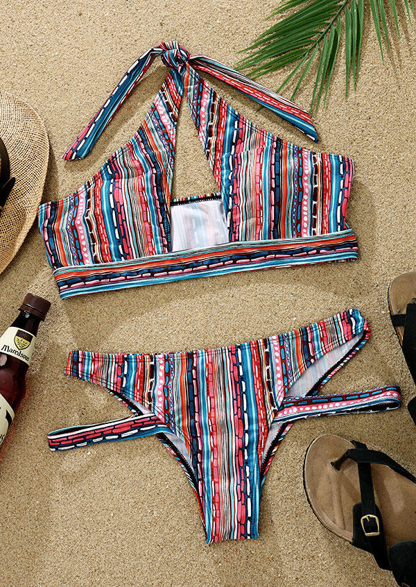 

Bikini Sets Criss-Cross Cut Out Ethnic Halter Bikini Set in Multicolor. Size: M