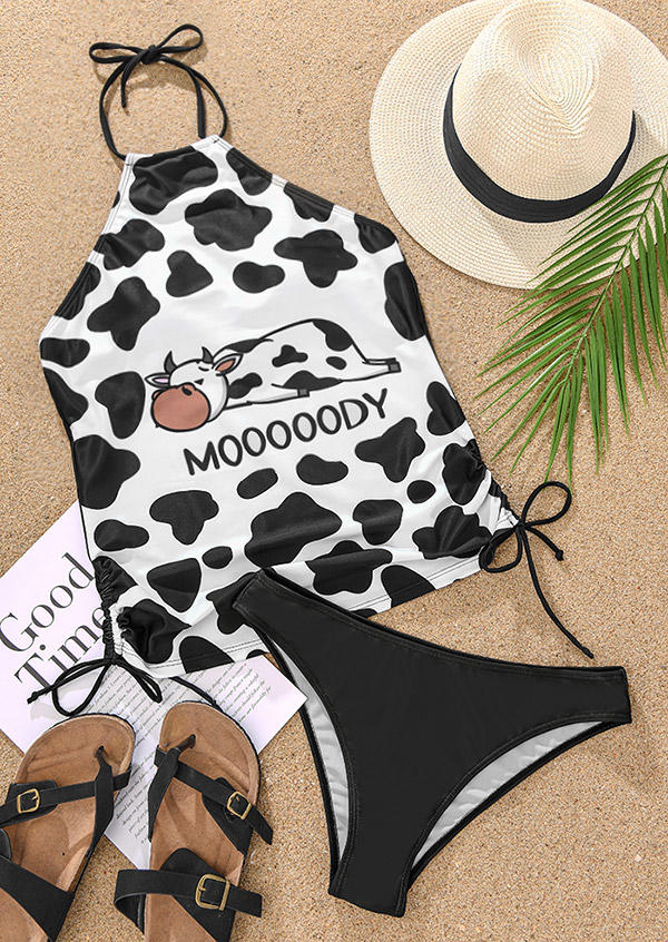 

Tankinis Mooooody Cow Halter Tie Tankini Set in Black. Size