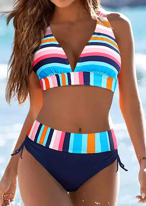Colorful Striped Ruffled Tie Bikini Set
