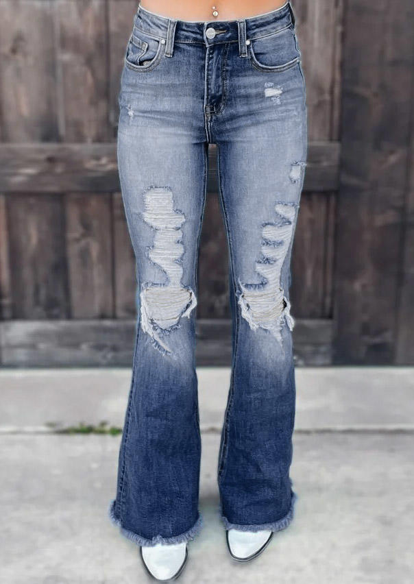 Pocket Button Ripped Frayed Hem Denim Flare Jeans - Blue, SCM011454, Fairyseason  - buy with discount
