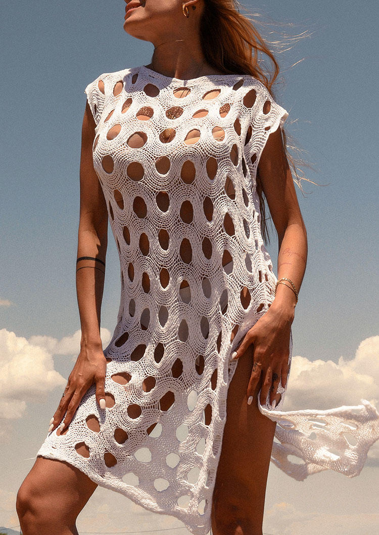 Hollow Out Slit O-Neck Crochet Cover Up Dress - White