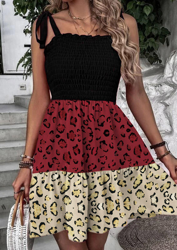 Color Block Leopard Ruffled Smocked Tie Mini Dress