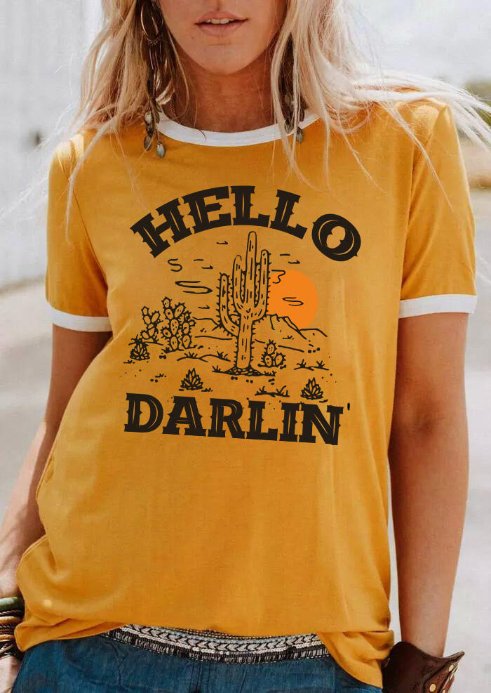 Hello Darlin' Cactus Sunset Desert T-Shirt Tee - Yellow