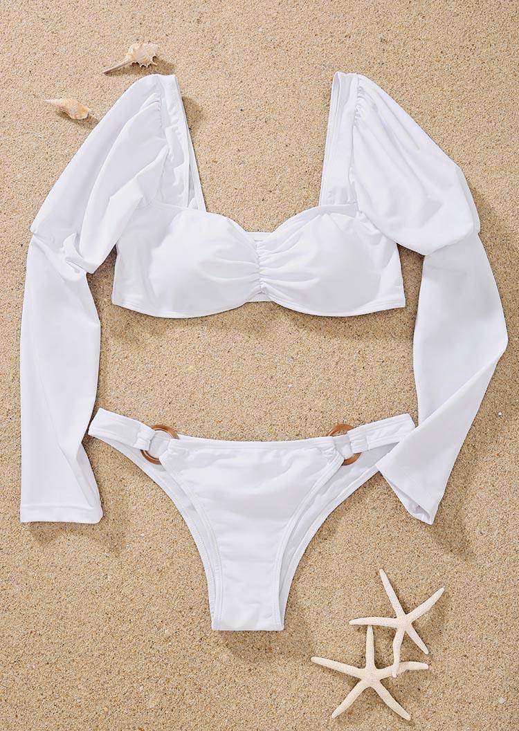 Ruffled Ring Long Sleeve Bikini Set - White