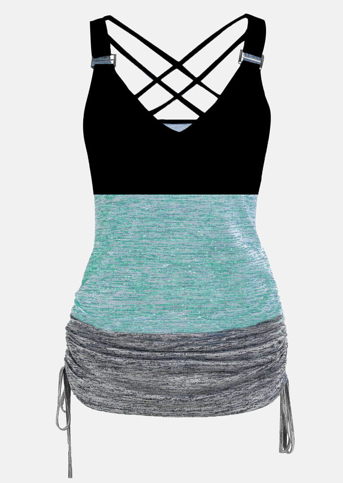 Tank Tops Color Block Criss-Cross Ruched Tank Top in Multicolor. Size: L,M,S,XL