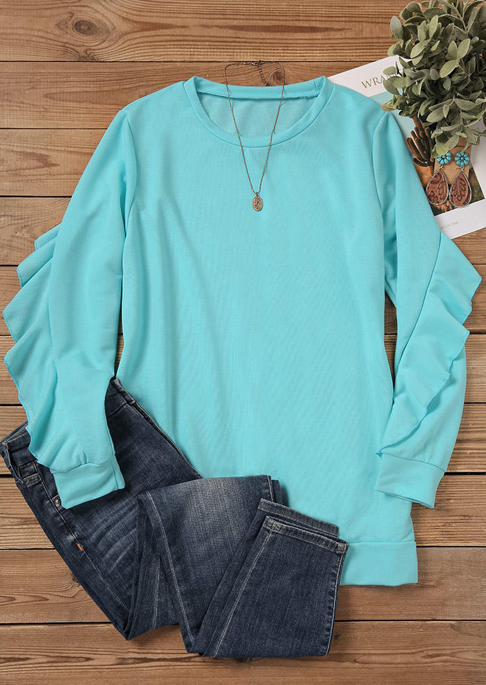 

Blouses Ruffled Long Sleeve O-Neck Blouse - Lake Blue in Blue. Size