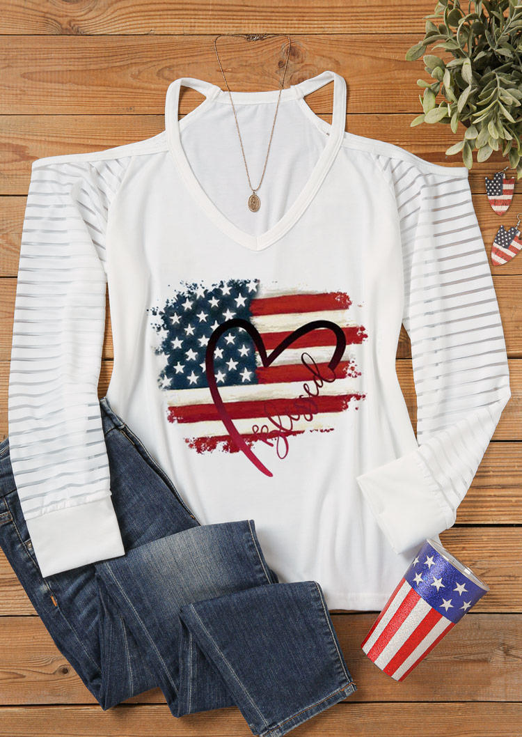 

Blouses American Flag Star Heart Cold Shoulder Blouse in White. Size