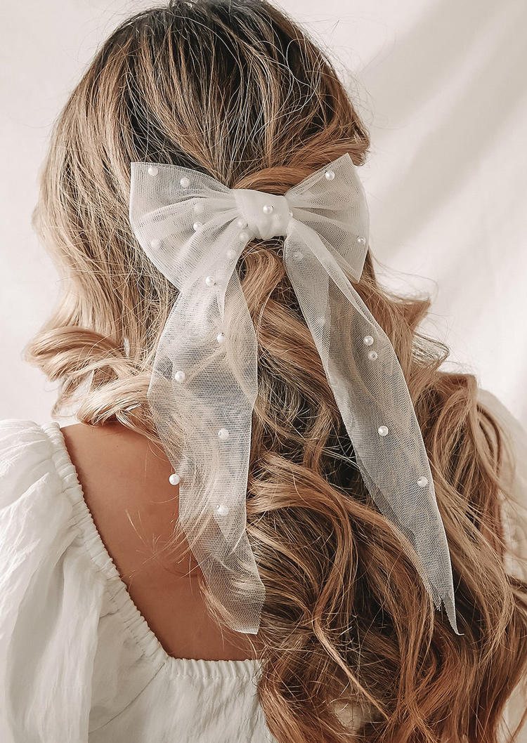 

Pearl Mesh Bowknot Headband in White. Size