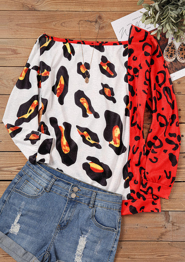 

Blouses Leopard Color Block Long Sleeve Blouse in Red. Size