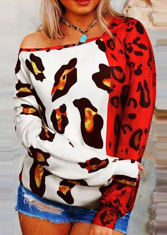 Leopard Color Block Long Sleeve Blouse - Red