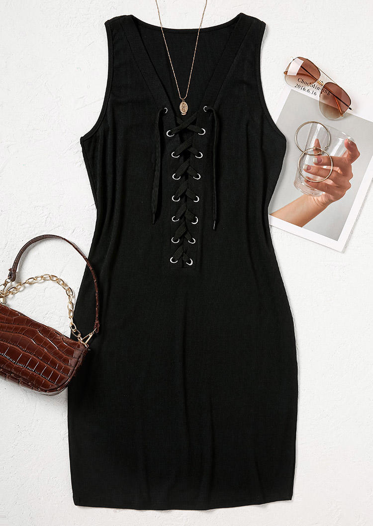 Bodycon Dresses Lace Up Sleeveless Bodycon Dress in Black. Size: L,M,S,XL